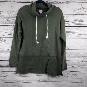 Peyton Jensen cowl neck hoodie linen bottom detail
